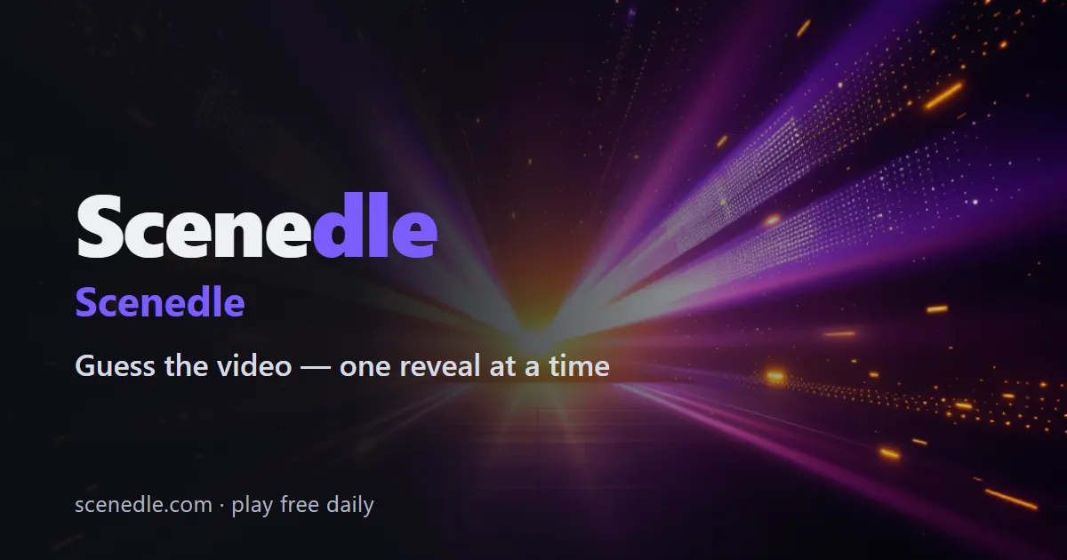 Scenedle share card: the Scenedle name over purple light beams and the line Guess the video, one reveal at a time