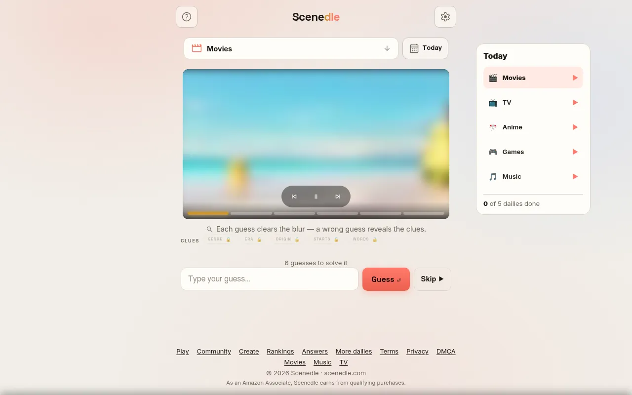 Scenedle's Movies daily: a heavily blurred beach scene in the video player, locked clue chips for genre, era, origin, starts and words, a guess box, and a panel listing today's five dailies