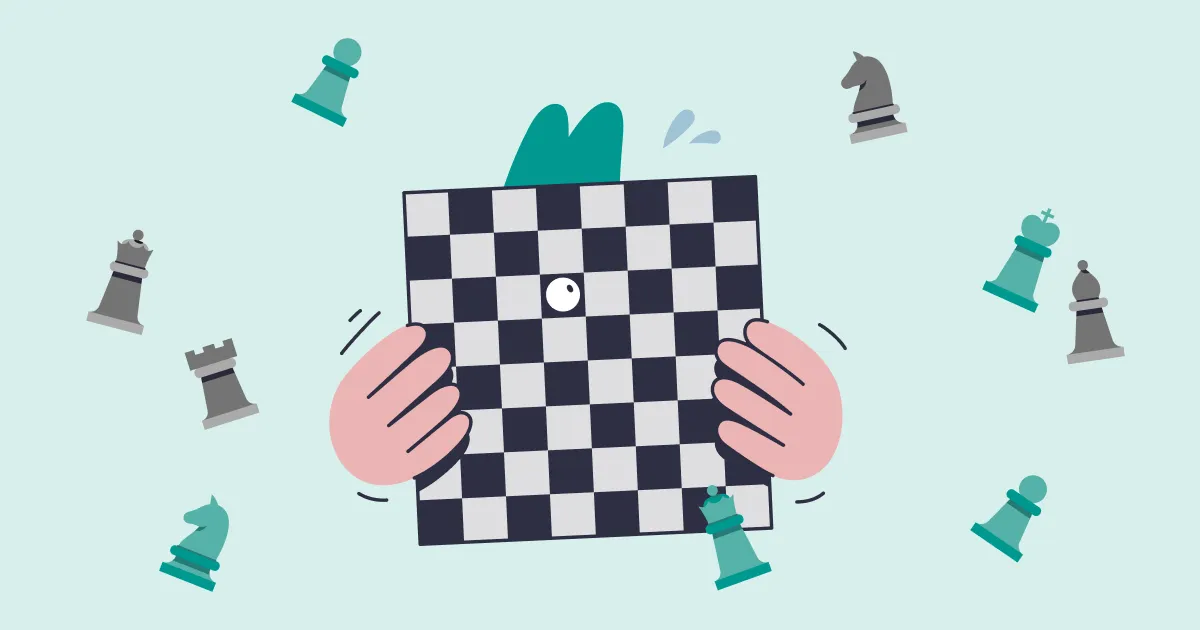 Illustration of hands holding a chessboard with chess pieces around it
