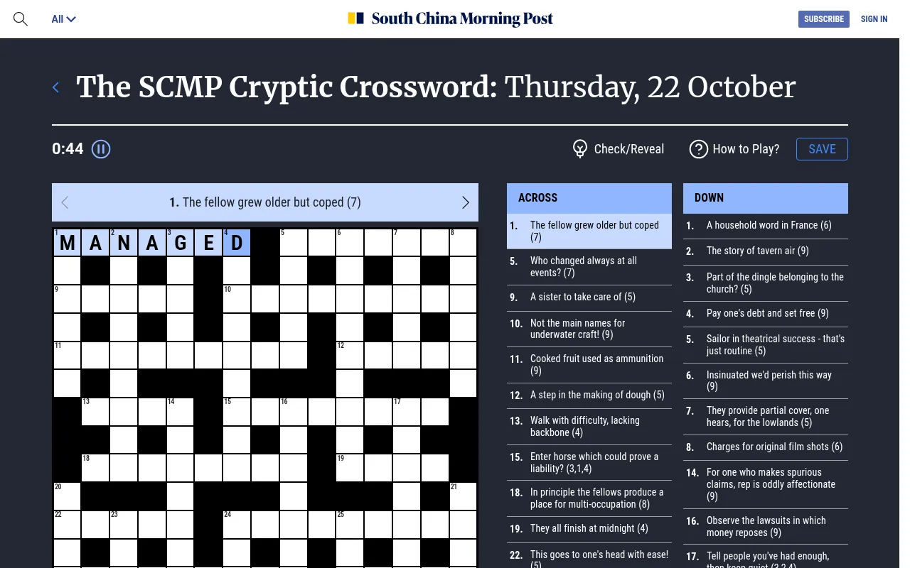 The SCMP Cryptic Crossword for Thursday 22 October being played: MANAGED entered at 1 Across in the 15x15 grid, beside the Across and Down cryptic clues.