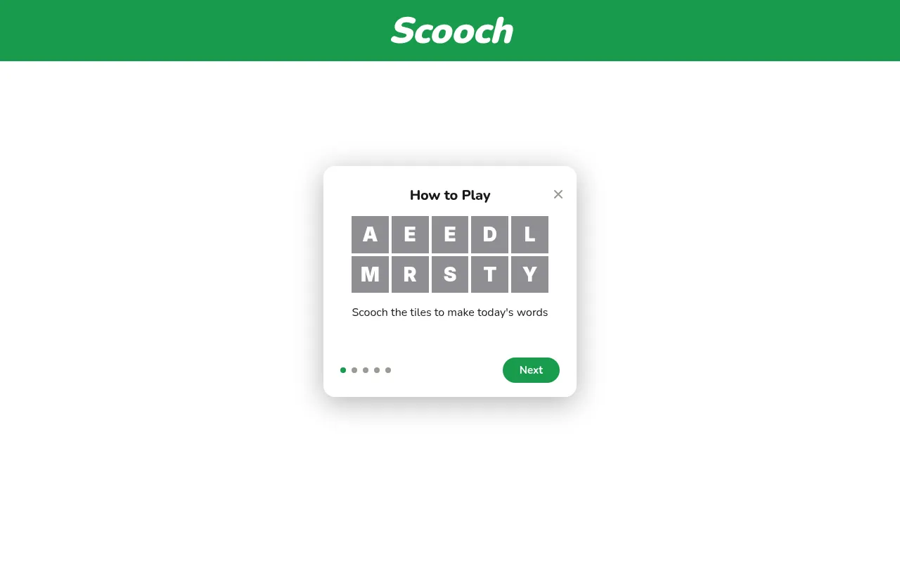 Scooch's How to Play panel: two rows of grey letter tiles, A E E D L and M R S T Y, with the line Scooch the tiles to make today's words