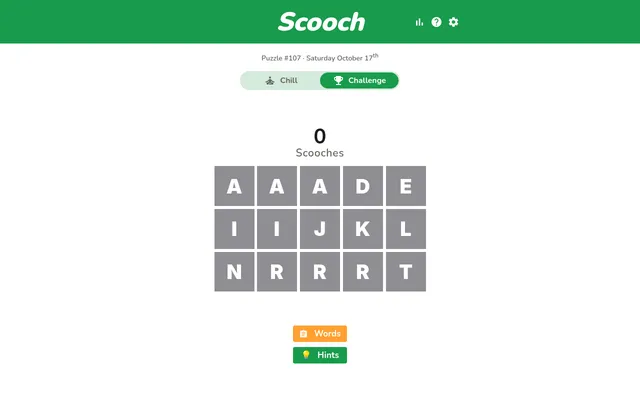 Scooch puzzle #107 for Saturday 17 October in Challenge mode: three rows of letter tiles, A A A D E, I I J K L and N R R R T, with 0 scooches so far and Words and Hints buttons