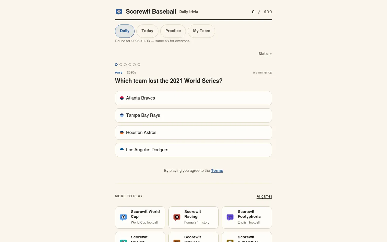 Scorewit Baseball daily round for 3 October 2026, question 1 of 6: which team lost the 2021 World Series, with four team options