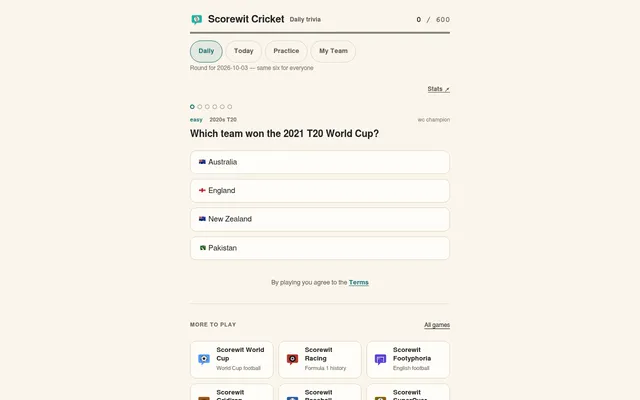Scorewit Cricket daily round for 3 October 2026, question 1 of 6: which team won the 2021 T20 World Cup, with Australia, England, New Zealand and Pakistan as options