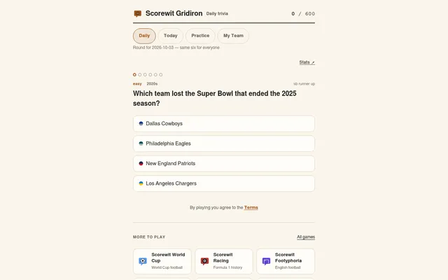 Scorewit Gridiron daily round for 3 October 2026, question 1 of 6: which team lost the Super Bowl that ended the 2025 season, with four team options