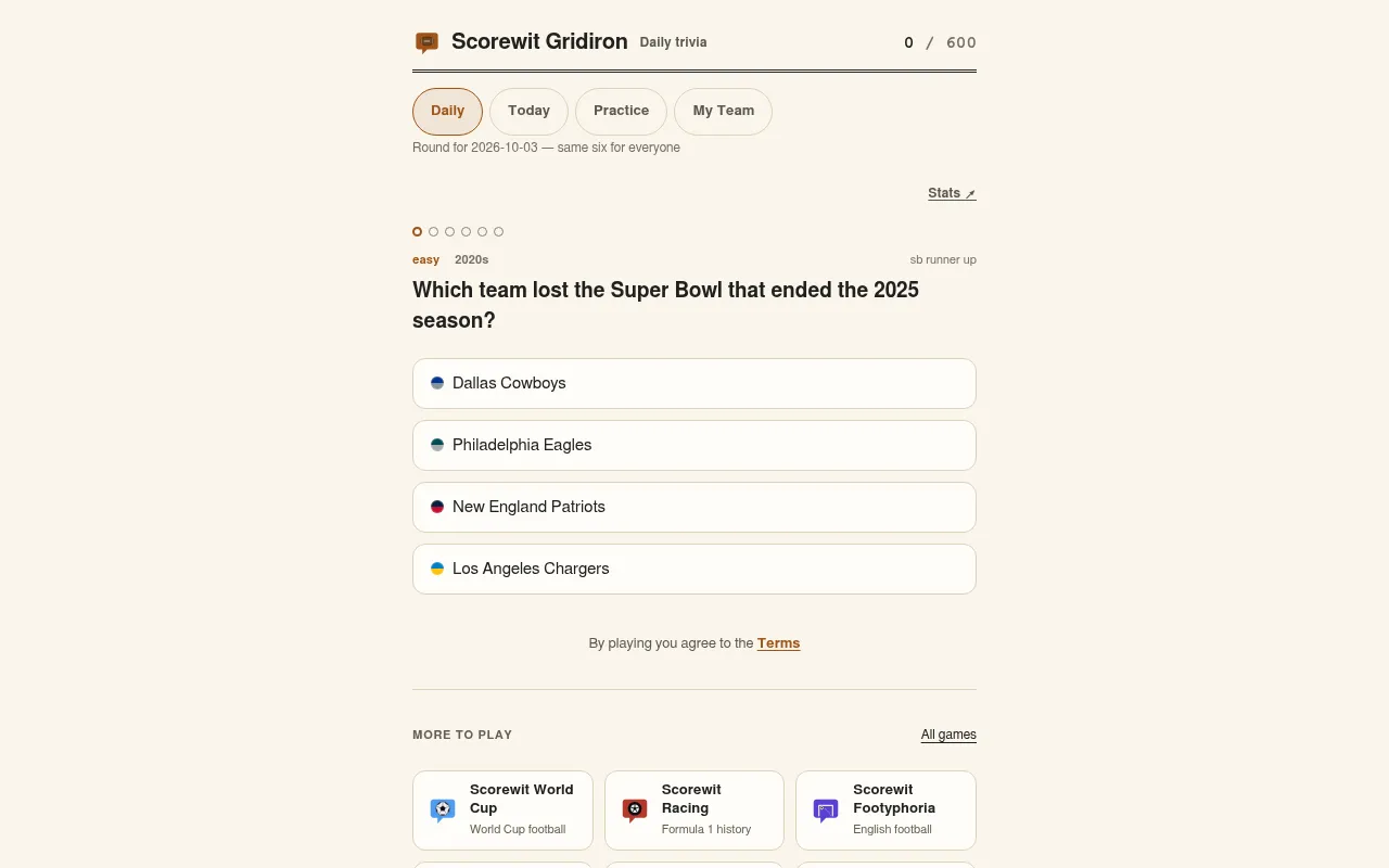 Scorewit Gridiron daily round for 3 October 2026, question 1 of 6: which team lost the Super Bowl that ended the 2025 season, with four team options
