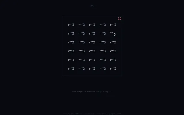 Scout Daily #66, round 1 ODD at desktop size: a grid of thirty matching bracket shapes with one rotated differently, timer ring in the corner