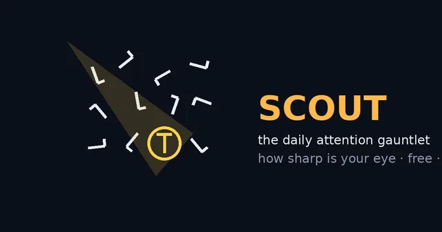 The Scout card: a spotlight finding a circled T among scattered L shapes