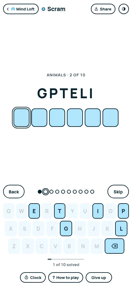 Scram on a phone, 30 October 2026: theme Animals, answer 2 of 10 after one solved, the scramble GPTELI over six boxes and a keyboard with only those letters lit