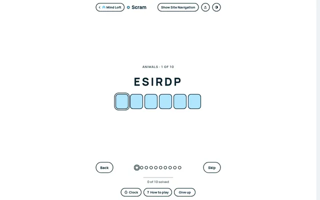 Scram's board for 30 October 2026 on desktop: theme Animals, answer 1 of 10, the scramble ESIRDP above six empty boxes, with Back, Skip and 0 of 10 solved below