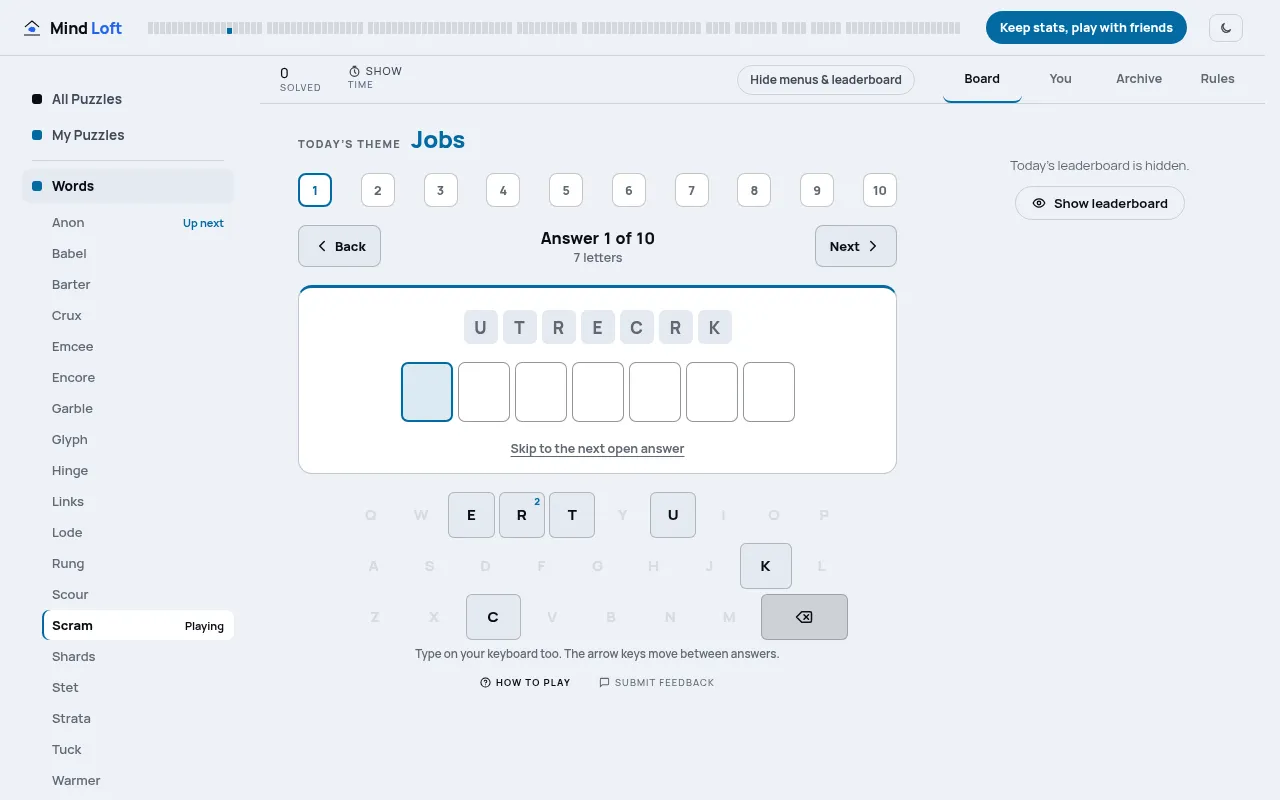 A Scram board on the theme Jobs: the scrambled letters UTRECRK above seven empty boxes, with only those letters lit on the keyboard
