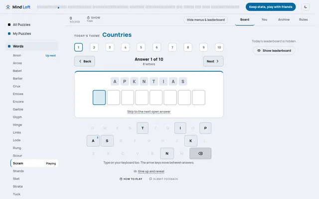 Scram's Sunday Edition board for 18 October 2026 on the theme Countries: answer 1 of 10, the scramble APKNTIAS above eight empty boxes, with only its letters lit on the keyboard