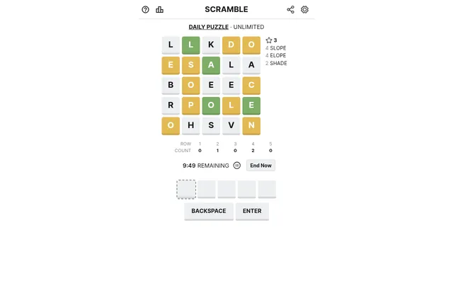 The Scramble daily board for 27 October 2026: five rows of green, yellow and grey letter tiles, with SLOPE, ELOPE and SHADE found and 9:49 left on the clock