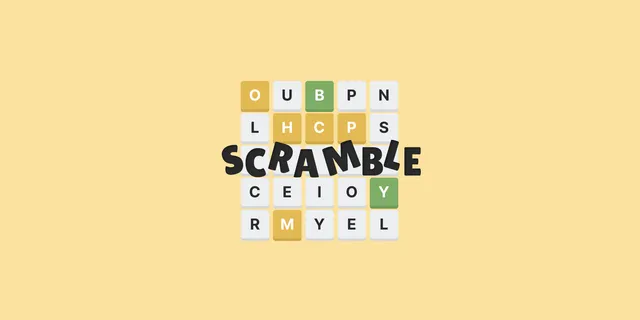 Scramble logo over a grid of green, yellow and grey letter tiles