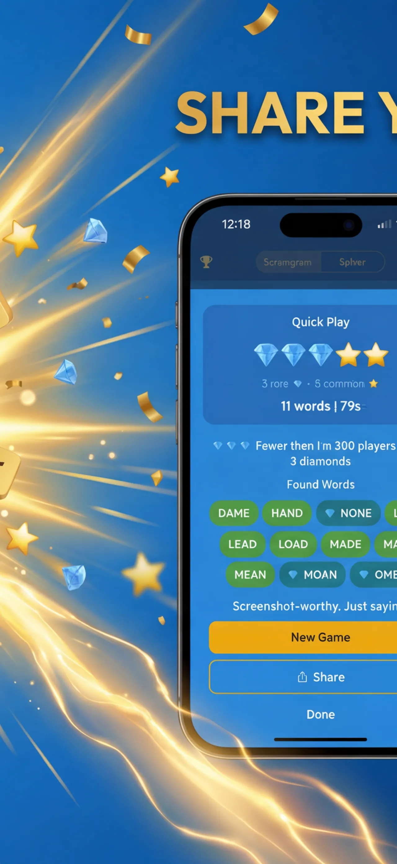 Scramgram's results card: 11 words with 3 rare diamonds and 5 common stars, and the list of found words