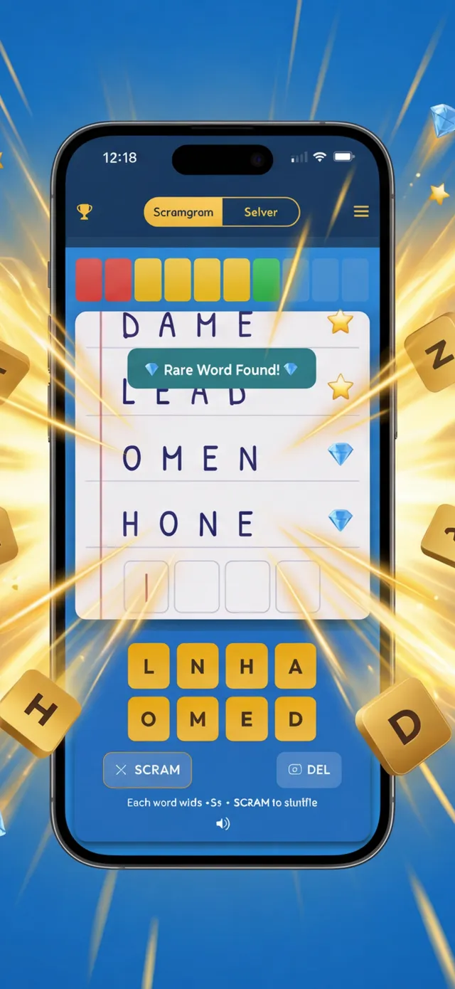 Scramgram on a phone: the found words DAME, LEAD, OMEN and HONE with stars and diamonds above the letter tiles L N H A O M E D