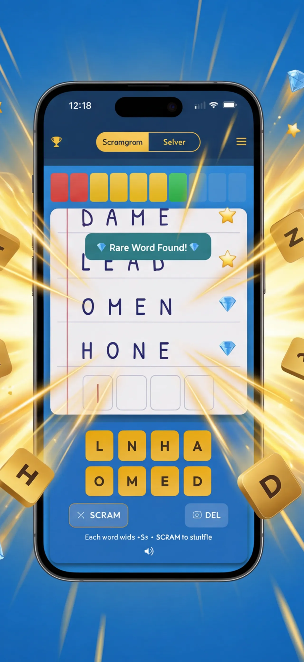 Scramgram on a phone: the found words DAME, LEAD, OMEN and HONE with stars and diamonds above the letter tiles L N H A O M E D