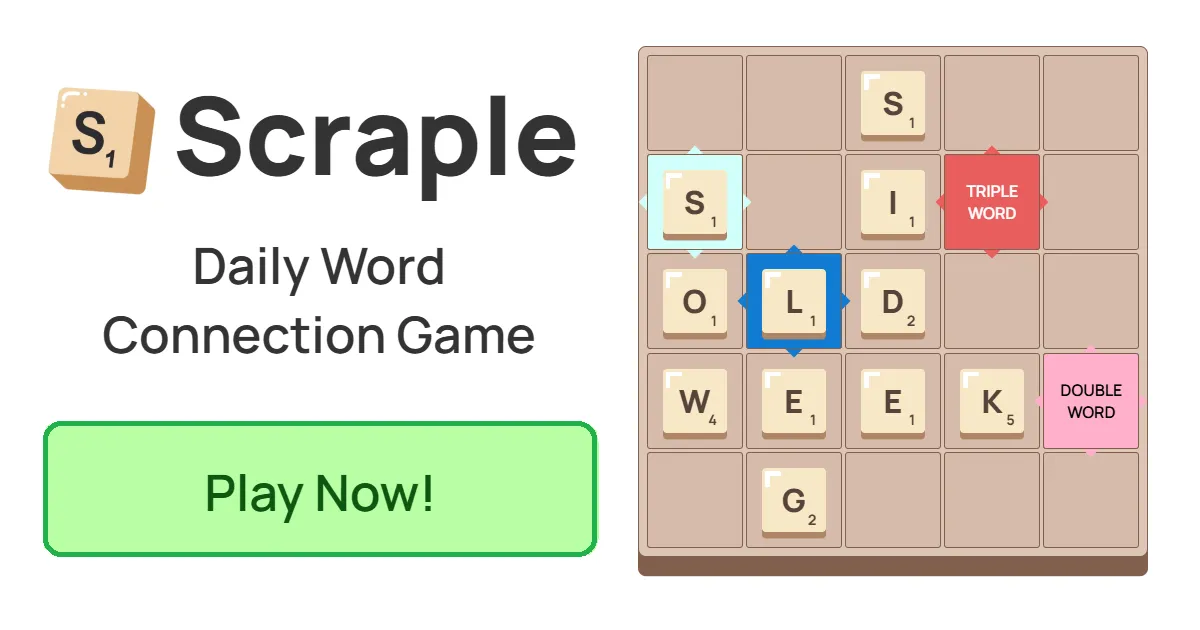 Scraple share art: the Scraple logo and the words Daily Word Connection Game beside a 5x5 board with SOLD, WEEK and SLID in tiles