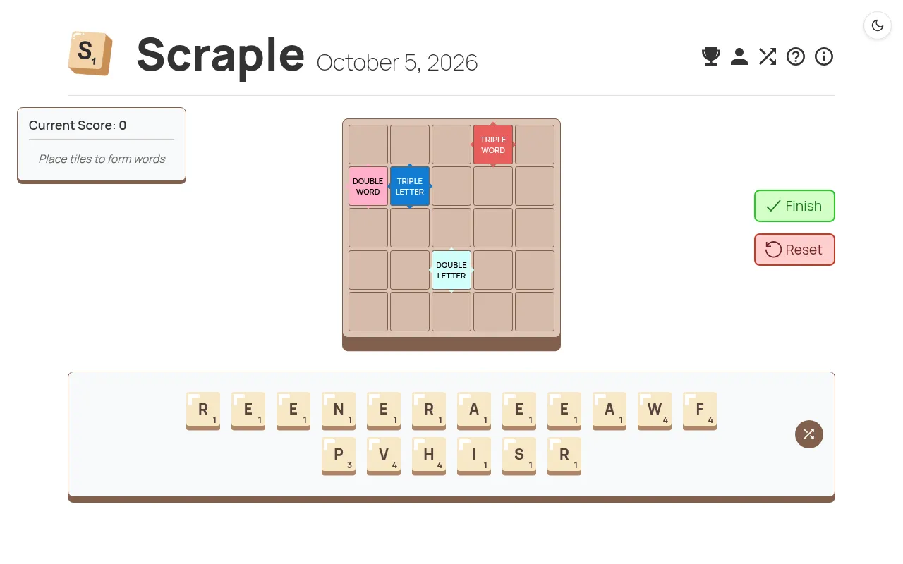 Scraple for October 5, 2026: an empty 5x5 board with triple word, double word, triple letter and double letter squares above a rack of 18 letter tiles