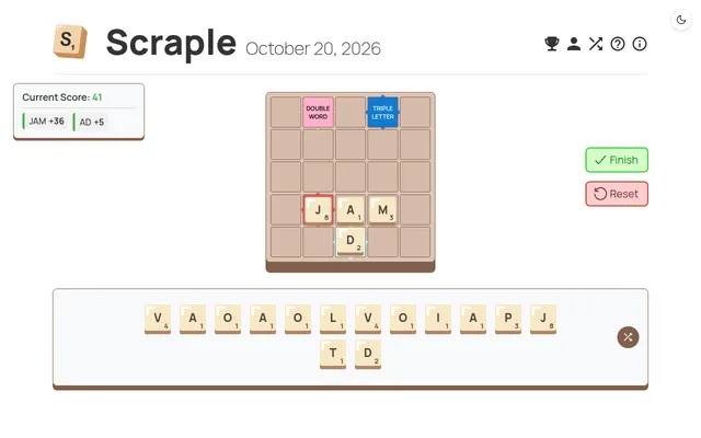 Scraple for October 20, 2026 being played: JAM on the triple word square and AD down onto the double letter, score 41, above the rack of remaining tiles