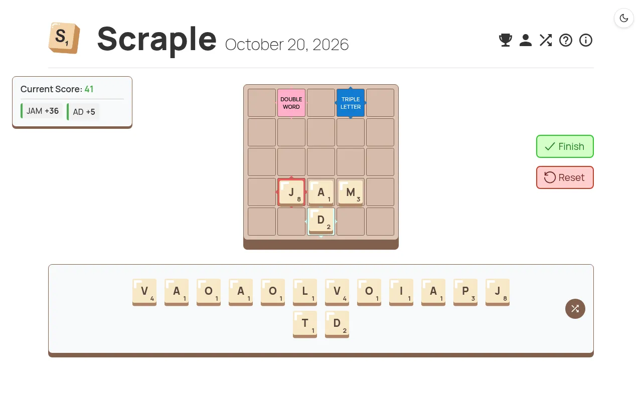 Scraple for October 20, 2026 being played: JAM on the triple word square and AD down onto the double letter, score 41, above the rack of remaining tiles