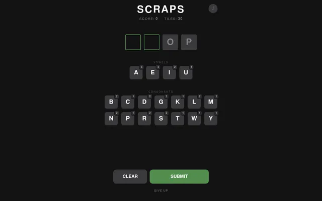 SCRAPS board of 19 October 2026: the pattern _ _ O P above 30 vowel and consonant tiles, each with a count, and Clear and Submit buttons