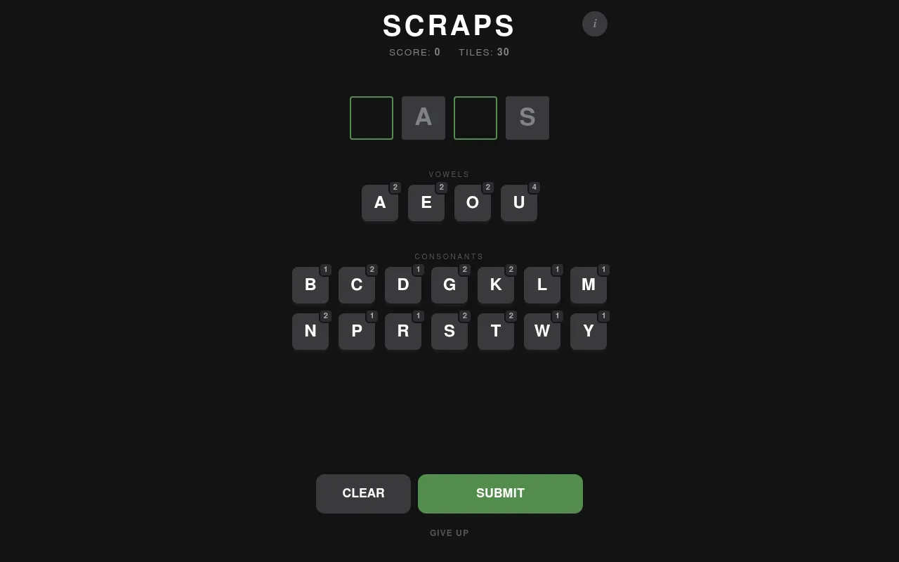 SCRAPS: a four-letter pattern with A and S fixed above vowel and consonant tiles, each with a count, and Clear and Submit buttons