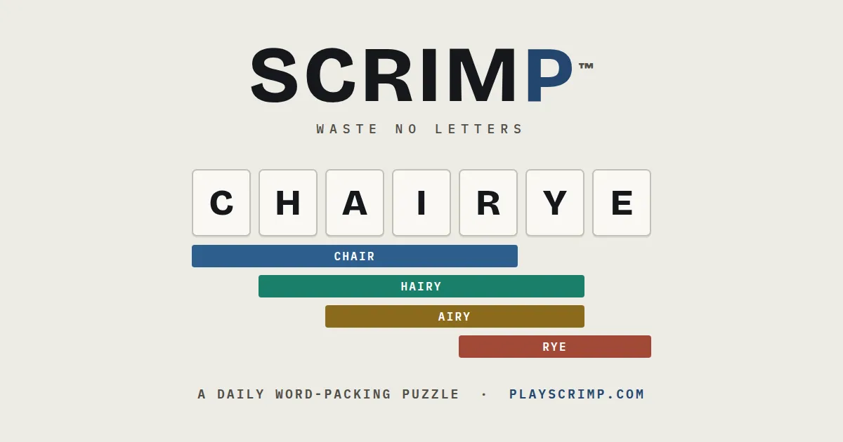 Scrimp tiles reading CHAIRYE, with CHAIR, HAIRY, AIRY and RYE overlapping inside the row