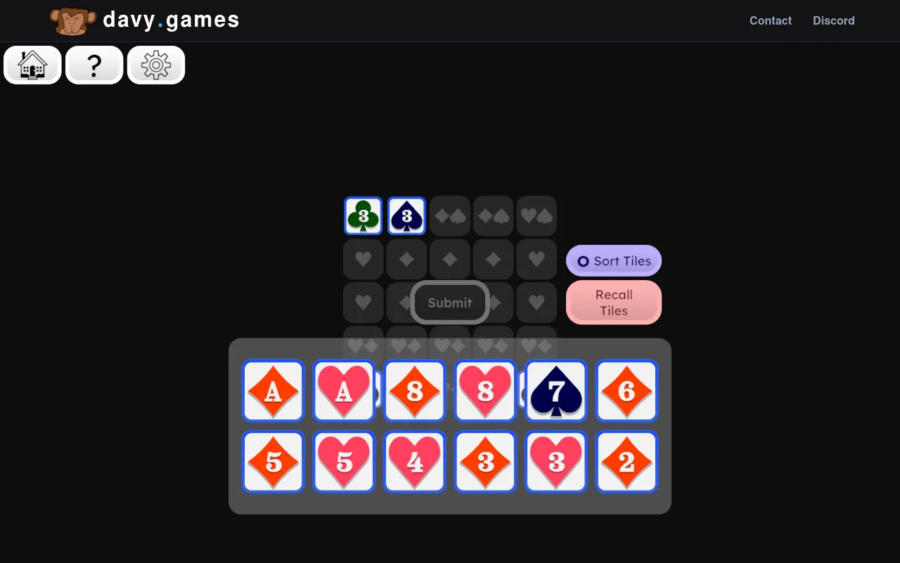Today's Scrokkle daily Puzzle: a 5x5 board with suit hints, a 3 of clubs and 3 of spades placed, and a tray of twelve card tiles below
