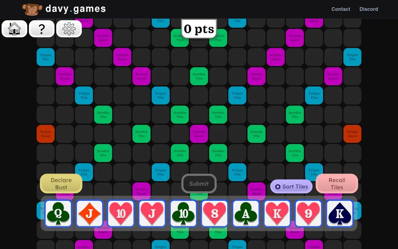 Scrokkle's Daily Bust: a large board of Double Tile, Triple Tile and Double Hand squares, a 0 pts counter and ten card tiles in hand