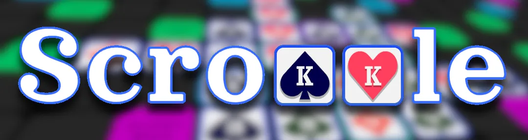 The Scrokkle title with two king cards, spades and hearts, as the letters k, over a blurred board of card tiles