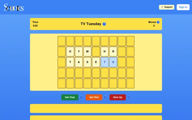 Today's Scuotes board on desktop for TV Tuesday: a grid of scrambled letter tiles, Time and Moves counters, and Get Clue, Get Hint and Give Up buttons