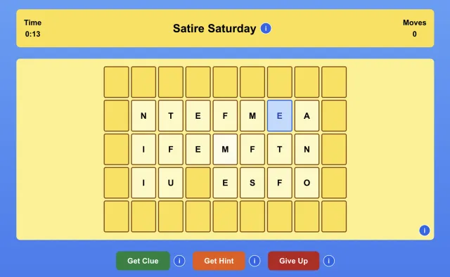 A Scuotes board on Satire Saturday: a grid of scrambled letter tiles with the timer and move count above and the Get Clue, Get Hint and Give Up buttons below