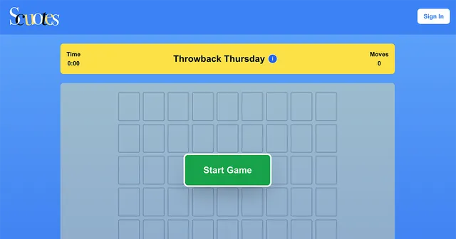 The Scuotes game screen on a blue background: a yellow bar reading Throwback Thursday with Time and Moves counters, a grid of empty letter tiles and a green Start Game button