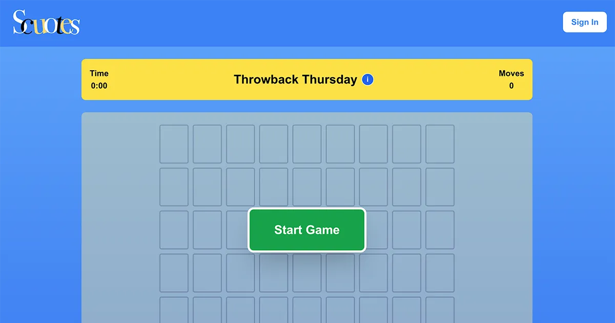 The Scuotes game screen on a blue background: a yellow bar reading Throwback Thursday with Time and Moves counters, a grid of empty letter tiles and a green Start Game button