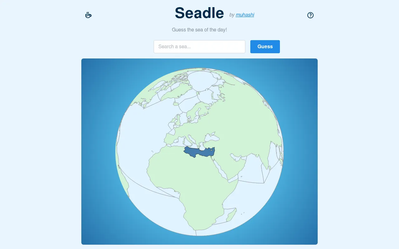 Seadle mid-game: a guess of the Eastern Mediterranean shaded dark blue on the globe, which has turned to show Europe, Africa and Asia