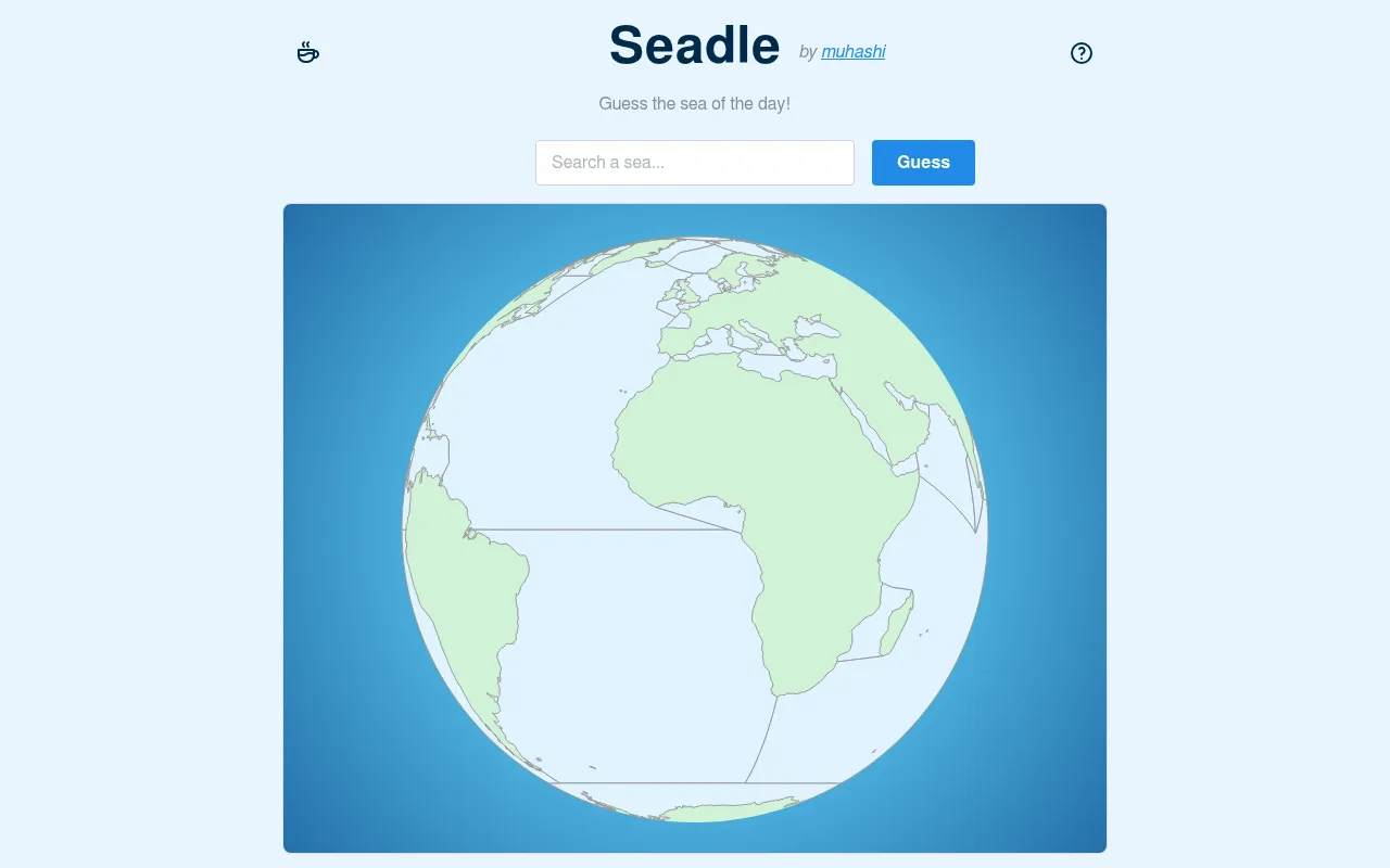 Seadle: a globe centred on the Atlantic with the outlines of seas drawn on it, below a sea search box and a Guess button