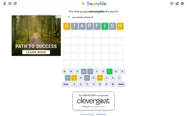 Searchle on 20 Oct 2026: the prompt 'are sharks afraid of' over an eight-letter grid, with the guess STARFISH coloured green, yellow and grey