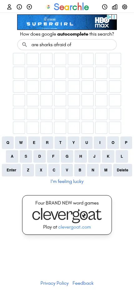 Searchle at phone size: today's prompt 'are sharks afraid of', an empty six-row grid and the on-screen keyboard