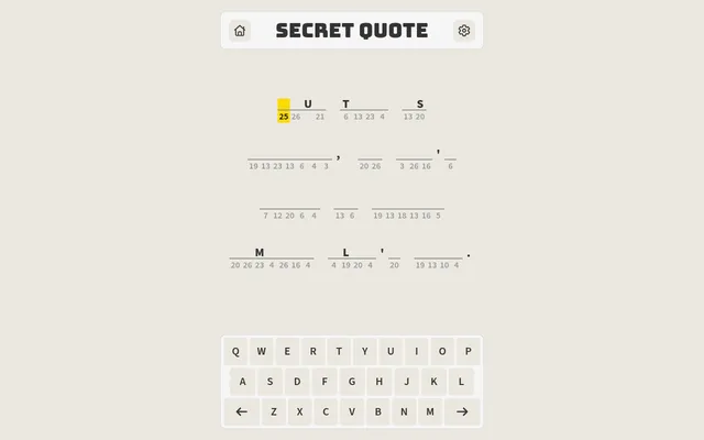 Today's Secret Quote board on a desktop: four lines of blanks over numbers, with given letters U, T, S, M and L, above the on-screen keyboard