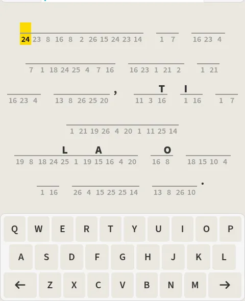 A Secret Quote puzzle: rows of blanks over numbers, with the given letters T, I, L, A and O filled in, above an on-screen keyboard