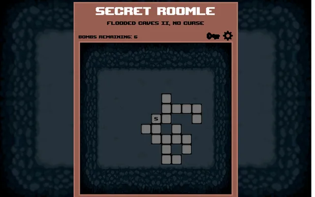 Secret Roomle on desktop for Flooded Caves II, no curse: today's floor of grey rooms with the start room marked S and six bombs remaining
