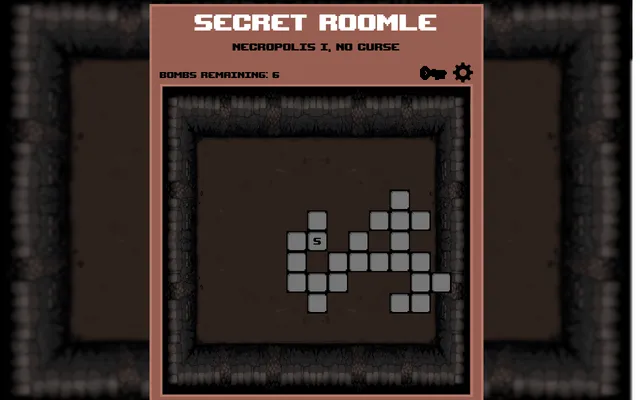 Secret Roomle for Necropolis I, no curse: a floor map of grey rooms with the start room marked S, six bombs remaining, on a Binding of Isaac stone background
