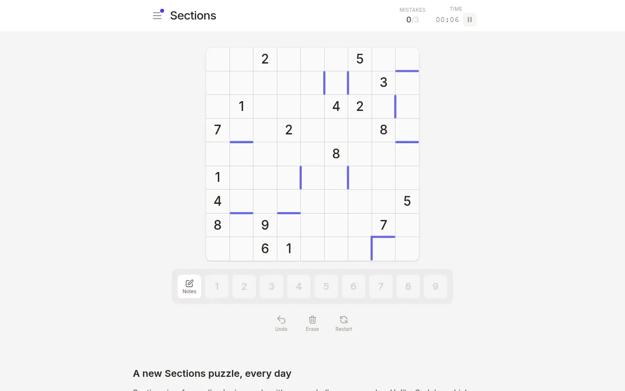 Today's 9x9 Sections grid with purple bars marking the sections, the number pad, mistakes counter and timer