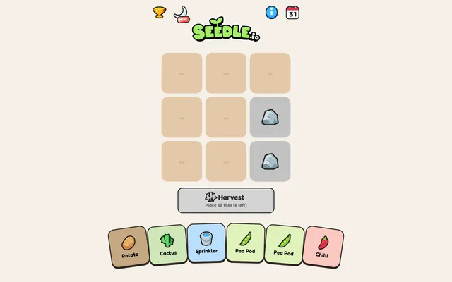 Seedle's daily board: a three by three soil grid with two rocks, above a hand of Potato, Cactus, Sprinkler, Pea Pod and Chilli tiles and the Harvest button