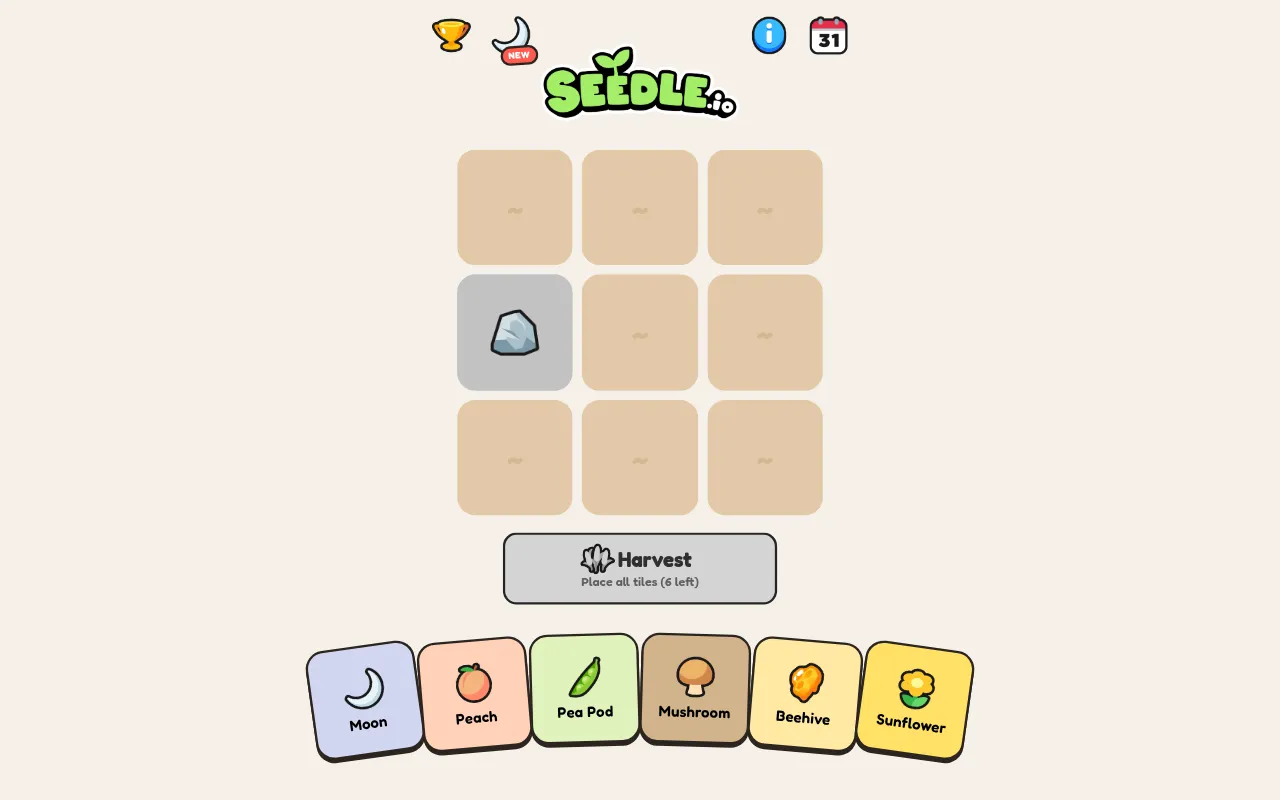 Seedle's daily board for 19 October 2026: a three by three soil grid with one rock, above a hand of Moon, Peach, Pea Pod, Mushroom, Beehive and Sunflower tiles