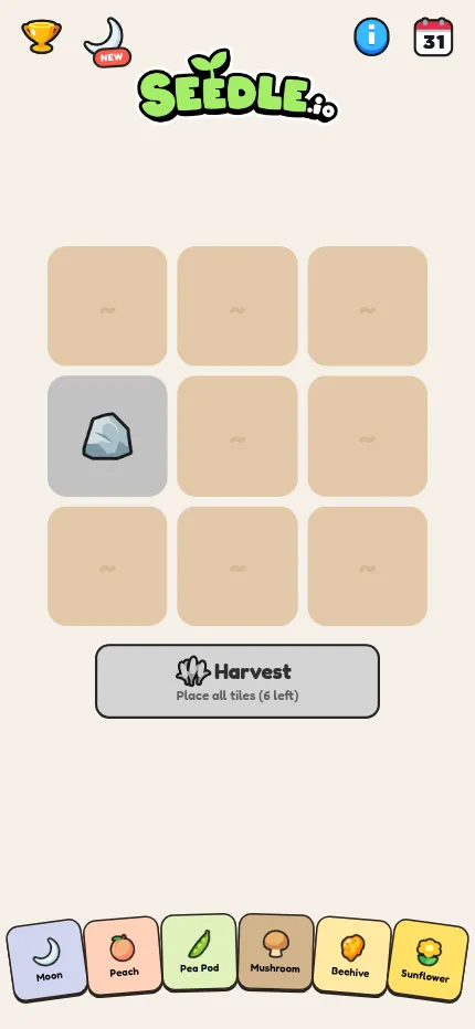 Seedle on a phone: the day's three by three grid with a rock, the Harvest button and the six tiles in hand along the bottom