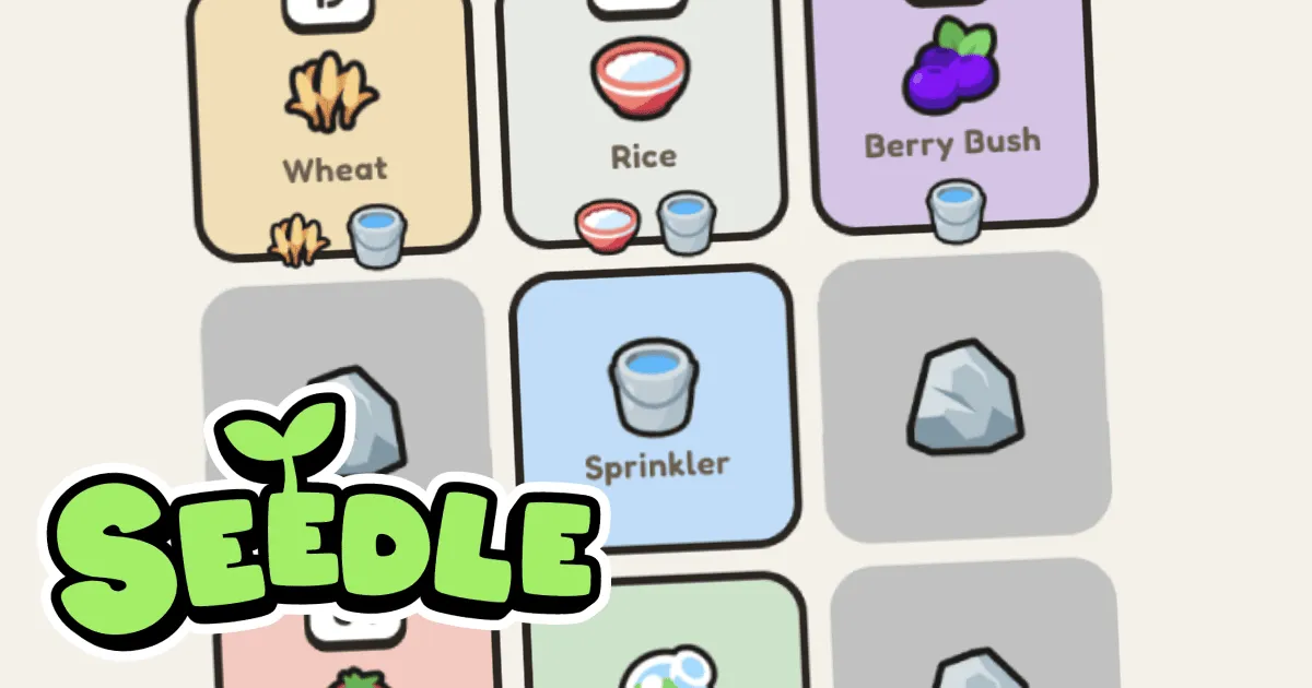 Seedle tiles on the grid: wheat, rice, a berry bush, a sprinkler and rocks, with the Seedle logo