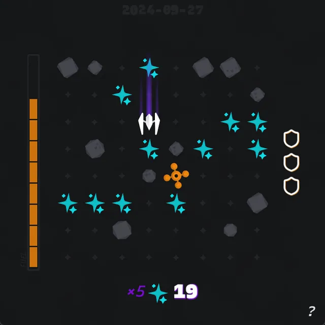A Seeking Stardust sector dated 2024-09-27: the ship streaks across a grid of cyan stardust, grey asteroids and an orange station, fuel gauge at the side and a score of 19