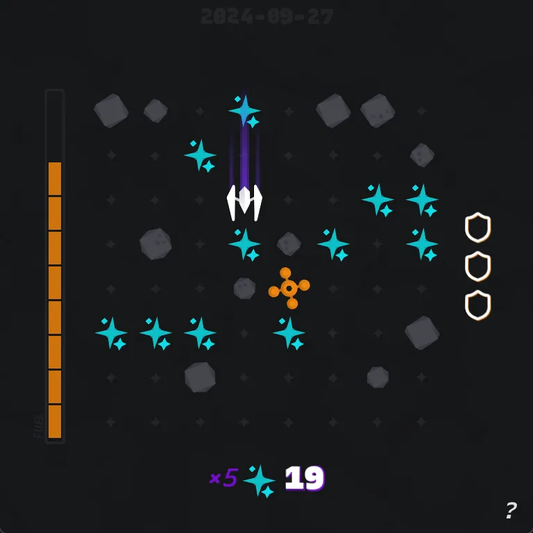 A Seeking Stardust sector dated 2024-09-27: the ship streaks across a grid of cyan stardust, grey asteroids and an orange station, fuel gauge at the side and a score of 19